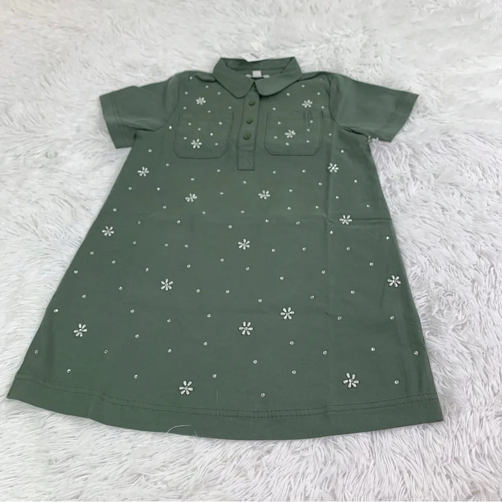 Crewcuts‎ NWT Girls' flower-embellished shirt-dress in twill olive green
